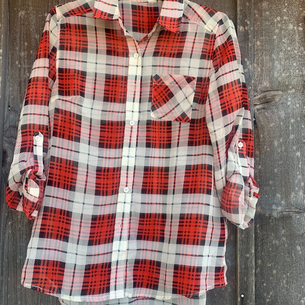 In Style sheer plaid button down blouse